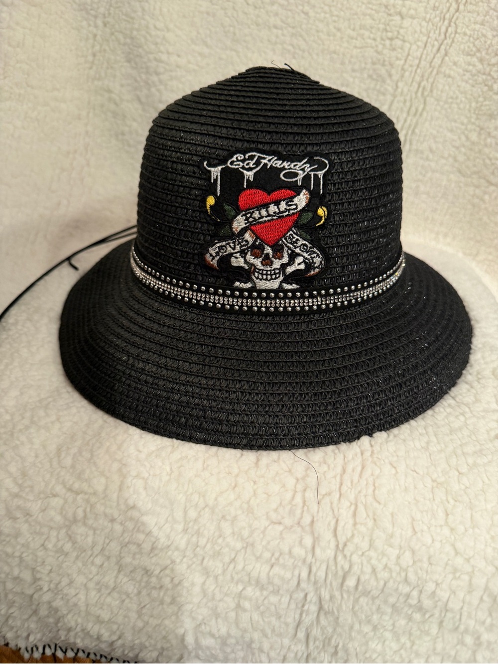 Ed Hardy Black Straw Hat with Red Heart & Skull Embroidery